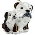 Bulldog mother with puppy in brown and white.