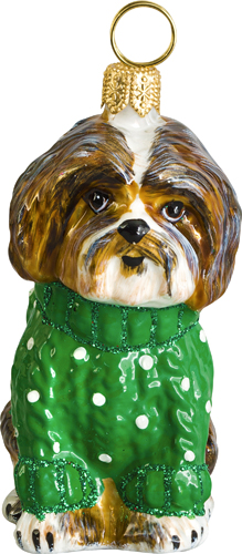 Shih Tzu- Brown and White with Green Cable Knit Sweater