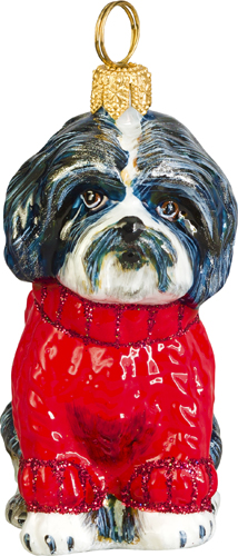 Shih Tzu- Black and White with Red Cable Knit Sweater